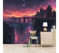 Fotomurales Autoadhesivo 366x256cm Ciudad Antigua Con Cielo Estrellado - No Tejido - ExtraíBle Para Despegar Y Pegar - Cascada Y Puente 3d Tv Fondo Pared Dormitorio Murales Papel Tapiz Moderno