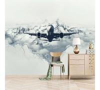Fotomurales Autoadhesivo 400x280cm El Avión Vuela Sobre Las Montañas Nevadas Y La Ciudad. - No Tejido - ExtraíBle Para Despegar Y Pegar - Estilo De Arte Surrealista 3d Tv Fondo Pared Murales