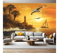 Fotomurales Aves marinas al atardecer y faro Papel Tapiz Fotográfico 400x280 cm Tejido No Tejido Decor de la Pared Murales para Salón Dormitorio TV Pared Habitación Niños