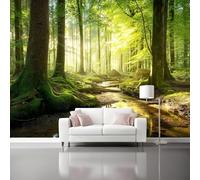 Fotomurales Bosque Arroyo Naturaleza Realista Papel Tapiz Moderno 400 x 280 cm Papel pintado tejido no tejido coración Pared corativos Sala Living Oficina Dormitorio Oro verde oscuro