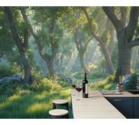 Fotomurales Bosque Con Luz Solar Natural 450X315Cm Papel Pintado Decoración De Pared Paisaje Vegetal, Murales Póster Verde Esmeralda Efecto 3D, Fotográfico Murales Para Dormitorio Salón Tv Pared