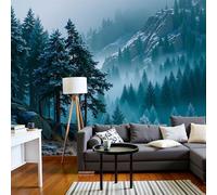 Fotomurales Bosque Neblinoso Invernal 250X175Cm Papel Pintado Decoración De Pared Plantas Naturales, Murales Póster Azul Verdoso Efecto 3D, Fotográfico Murales Para Dormitorio Salón Tv Pared