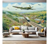 Fotomurales Ciudad rural y avión de combate Papel Tapiz Fotográfico 400x280 cm Tejido No Tejido Decor de la Pared Murales para Salón Dormitorio TV Pared Habitación Niños