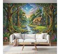 Fotomurales de Pared Decorativo Cuento Hadas Del Bosque 250Anx175Al cm - Diseño Cabaña Techo Paja Junto Arroyo Papel Pintado Tela de Seda para Pared Destacada de Dormitorio, Salón y Fondo de TV