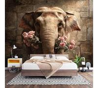 Fotomurales Decorativos Animales Elefantes Flores Papel Pintado Pared 200x140 cm Broncearse Papel Pintado Tejido No Tejido Decoración de Pared, Salones, Habitaciones Moderna Fotográfico
