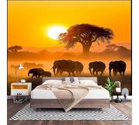 Fotomurales Decorativos Atardecer Dorado Papel Pintado Pared 300x210 cm Elefantes de La Sabana Africana Papel Pintado Tejido No Tejido Decoración de Pared, Salones, Habitaciones Moderna Fotográfico