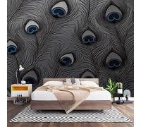 Fotomurales Decorativos Estampado Oscuro de Plumas de Pavo Real Papel Pintado Pared 450x315 cm Negro Papel Pintado Tejido No Tejido Decoración de Pared, Salones, Habitaciones Moderna Fotográfico