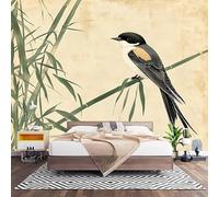 Fotomurales Decorativos Estilo Chino Retro Papel Pintado Pared 200x140 cm Golondrina de Bambú Verde Papel Pintado Tejido No Tejido Decoración de Pared, Salones, Habitaciones Moderna Fotográfico
