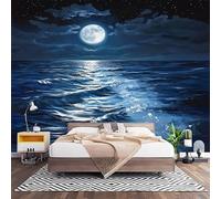 Fotomurales Decorativos Estilo de Pintura Al óLeo Azul Papel Pintado Pared 400x280 cm Luna de Olas Del OcéAno Papel Pintado Tejido No Tejido Decoración de Pared, Salones