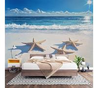 Fotomurales Decorativos Estrella de Mar con Olas Playeras Papel Pintado Pared 350x256 cm Azul Claro Papel Pintado Tejido No Tejido Decoración de Pared, Salones, Habitaciones Moderna Fotográfico