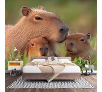 Fotomurales Decorativos Familia Animal De Capibaras Papel Pintado Pared 250x175 cm Verde Papel Pintado Tejido No Tejido Decoración de Pared, Salones, Habitaciones Moderna Fotográfico