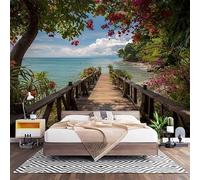 Fotomurales Decorativos Naturaleza Puente de Madera Junto Al Mar Papel Pintado Pared 300x210 cm Paisaje Papel Pintado Tejido No Tejido Decoración de Pared, Salones, Habitaciones Moderna Fotográfico