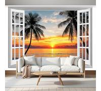Fotomurales Decorativos Pared 3D, Atardecer Tropical Vista De Ventana 3D Póster Papel Tapiz Decorativos Murales Impresión HD Ecológica Foto Artísticos Sofá Pintura, 400Anx280Al cm