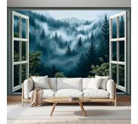 Fotomurales Decorativos Pared 3D, Bosque De Niebla Vista Natural Desde La Ventana Póster Papel Tapiz Decorativos Murales Impresión HD Ecológica Foto Artísticos Sofá Pintura, 300Anx210Al cm