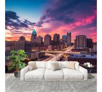 Fotomurales Decorativos Pared 3D Ciudad Arquitectura Vista Nocturna Papel tapiz Fotográfico Grande Extraíble 350X256 Cm PúRpura Papel Pintado Moderno de lujo, Murales Interiores, Mural Stickers