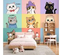 Fotomurales Decorativos Pared 3D, Gato De Cuadrícula Dibujos Animados Lindos Póster Papel Tapiz Decorativos Murales Impresión HD Ecológica Foto Artísticos Sofá Pintura, 300Anx210Al cm