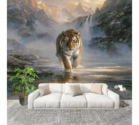Fotomurales Decorativos Pared 3D Tigre Del Arroyo Del Valle Papel tapiz Fotográfico Grande Extraíble 350X258 Cm Verde GrisáCeo Papel Pintado Moderno de lujo, Murales Interiores, Mural Stickers