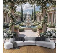 Fotomurales Decorativos Pared Estilo Europeo Patio. 352×250cm Papel Pintado Tejido No Tejido Con Flores Columnas Romanas Fotomural 3D Mural Paredes Verde Papel Tapiz Salón Dormitorio