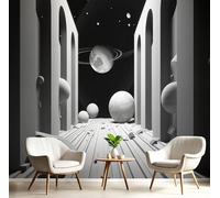 Fotomurales Decorativos Pared Fotográfico TV, Planetas Lunas Estrellas Foto Mural, Blanco y negro 3D Papel Pintado, Espacio Edificios Estéreo 3D Fotomurales, 150Anx105Al cm