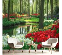Fotomurales Decorativos Pared Fotográfico TV, Tulipanes Y Narcisos Foto Mural, Verde 3D Papel Pintado, Paisaje De Jardín Estéreo 3D Fotomurales, 350Anx256Al cm