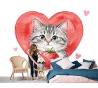 Fotomurales Decorativos Pared Gato Fresa Corazón Fondo Papel pintado Tejido Seda Decoración de Pared, Salones, Habitaciones Decorativos Murales Moderna Fotográfico 300 x 210cm