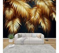 Fotomurales Decorativos Pared Hojas de Palma Doradas 3D Mural Autoadhesivo Pared Negro Papel Pintado Tela de Seda Papel Tapiz Panorámico 300x210 cm B-3191
