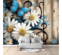 Fotomurales Decorativos Pared Madera Retro 3D Mural Autoadhesivo Pared Flores y Mariposas Papel Pintado Tela de Seda Papel Tapiz Panorámico 200x140 cm A-4595