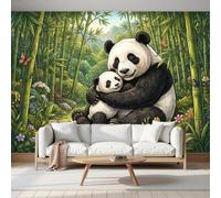 Fotomurales Decorativos Pared Madre Panda Y Su Cría Bosque De Bambú Flores Silvestres Papel pintado Tejido Seda Decoración de Pared, Salones, Habitaciones Decorativos Murales Moderna 350 x 256cm