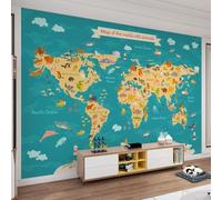 Fotomurales Decorativos Pared Mapa del Mundo 3D Mural Autoadhesivo Pared Animales Papel Pintado Tela de Seda Papel Tapiz Panorámico 300x210 cm B-3800