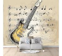 Fotomurales Decorativos Pared Notas Musicales 3D Mural Autoadhesivo Pared Guitarra Papel Pintado Tela de Seda Papel Tapiz Panorámico 150x105 cm B-0751