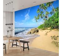 Fotomurales Decorativos Pared Playa 3D Mural Autoadhesivo Pared Palmeras Tropicales Papel Pintado Tela de Seda Papel Tapiz Panorámico 300x210 cm B-0061