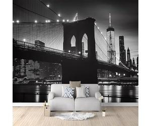 Fotomurales Decorativos Pared Puente de Brooklyn, Nueva York 3D Mural Autoadhesivo Pared En Blanco y Negro Papel Pintado Tela de Seda Papel Tapiz Panorámico 350x250 cm B-2652