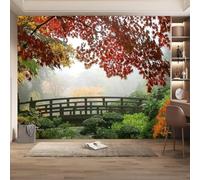 Fotomurales Decorativos Pared Puente de Madera de Hoja de Arce Rojo Del Bosque 450x315 cm Papel Pintado Tejido No Tejido Paisaje Japonés Fotomural 3D Mural Paredes Papel Tapiz Salón a-8503