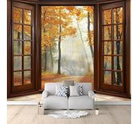 Fotomurales Decorativos Pared Vista de Ventana 3D Mural Autoadhesivo Pared Bosque de Otoño Papel Pintado Tela de Seda Papel Tapiz Panorámico 250x175 cm B-2587