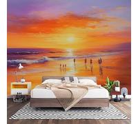 Fotomurales Decorativos Pintura Al óLeo de Playa y OcéAno Al Atardecer Papel Pintado Pared 400x280 cm Color Naranja Papel Pintado Tejido No Tejido Decoración de Pared, Salones, Habitaciones