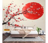 Fotomurales Decorativos Rojo Papel Pintado Pared 200x140 cm Sol Rojo en Flor de Ciruelo JaponéS Papel Pintado Tejido No Tejido Decoración de Pared, Salones, Habitaciones Moderna Fotográfico