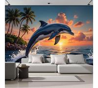 Fotomurales Delfines Saltando Fuera Del Agua, Paisaje Costero De Ensueño Mural De Pared Papel Tapiz Fotográfico Para Tapiz Arte De Pared Para Sala De Estar Dormitorio 250x175cm