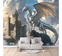 Fotomurales Dragón Castillo 500x280 cm Papel Pintado Fantasía Impresión 3D Pared Tela no Tejida Fácil de Instalar Limpiar Poster Ideal para Salones Cocinas Pasillos Papel Pintado Pared Dormitorio