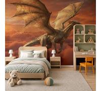Fotomurales Dragón Dorado Volador Realista 3D 450X315Cm Papel Pintado Tejido No Tejido | Paisaje Al Atardecer Fotográfico Pared Decorativos Murales Póster Para Dormitorio Salón Pared, Marrón Dorado