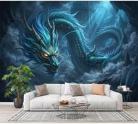 Fotomurales Dragón Oriental De Fantasía En 3D 300X210Cm Papel Pintado Tejido No Tejido | Paisaje De Cueva Brumosa Fotográfico Pared Decorativos Murales Póster Para Dormitorio Salón Pared, Cian Oscuro