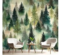 Fotomurales Efecto 3D Mural Infantil 300X210Cm Papel Pintado Pared Verde Hojas Verdes De Pino Decorativos Paisaje De Acuarela Panorámico Dormitorio Oficina Hotel Spa