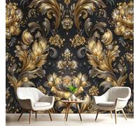 Fotomurales Estilo Barroco 250x175cm Papel Pintado Elementos De Desplazamiento Flores Papel Tapiz Fotográfico 3D Decoración De Pared Moderno para Salon Dormitorio Oficina Cuarto, Amarillo Dorado