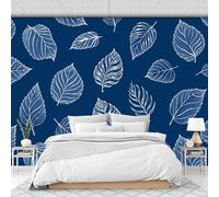 Fotomurales Estilo Simple Y Natural 300x210cm Papel Pintado Dibujos De Hojas Hechos A Mano Papel Tapiz Fotográfico 3D Decoración De Pared Moderno para Salon Dormitorio Oficina Cuarto, Azul Marino