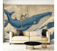 Fotomurales Gato ballena retro Ukiyo-E Papel pintado tejido no tejido decoración Pared decorativos 250 x 175 cm Murales Tv Fondo Pared Dormitorio Murales Pared Dormitorio Azul marino