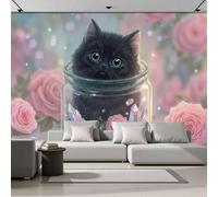 Fotomurales Gato En Frasco De Vidrio - 200Anx140Al cm Papel Pintado Seda Decoración de Pared Murales Rosa negro Lindo Y Soñador Diseno Fotográfico Decorativos Dormitorio Para la Sala