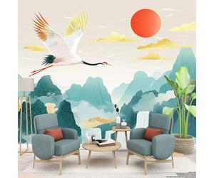 Fotomurales Grullas Y Montañas De Estilo Chino 150 x 105 cm - Papel Pintado Tejido No Tejido - Decorativos Murales para Pared Salón y Dormitorio - Diseño Moderno