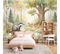 Fotomurales Habitación Infantil Familia De Zorros Del Bosque Animales En Acuarela, Papel Pintado 3D Tv Fondo Pared Moderno Dormitorio Murales Fotográfico Decorativos 350Anx256Al cm