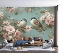 Fotomurales Hermosas Flores Y Pájaros 400X280Cm Xxl Papel Pintado Seda Decoración De Pared Murales Rosa Verde Acuarela Rococó Fotográfico Decorativos Dormitorio Para La Sala