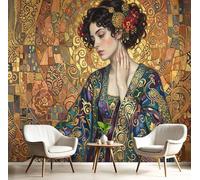 Fotomurales Klimt 450 × 315 Cm Xxl Papel Pintado Tejido No Tejido, Retrato Femenino Elemento Pavo Real Fotográfico Pared Decorativos Murales Póster Para Dormitorio Salón Tv Pared