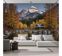 Fotomurales Lago En El Bosque Otoñal 450X315Cm Papel Pintado Decoración De Pared Casa Madera Vintage, Murales Póster Amarillo Mostaza Efecto 3D, Fotográfico Murales Para Dormitorio Salón Tv Pared